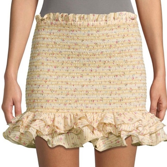 Petersyn Barrett Smocked Mini Skirt Size Large Buttermilk Yellow Floral Stripe - Picture 1 of 12